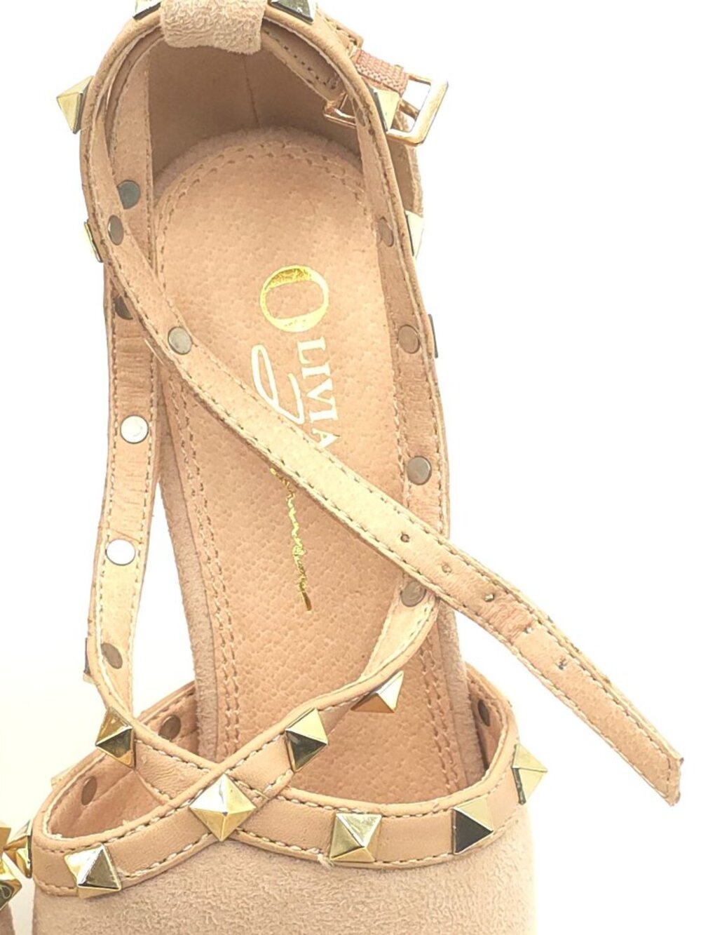 Olivia Ferguson Nude Suede Peep-Toe Studded Strappy Sandals Ankle Strap Women's - Picture 4 of 14